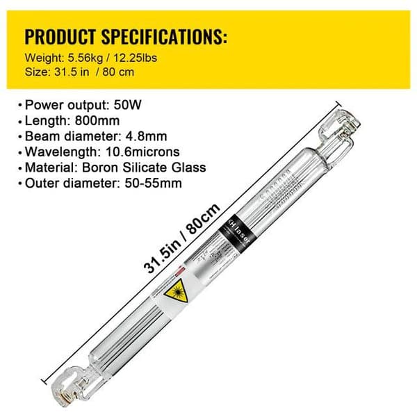 50W 800mm CO2-laserrör, TEMOO-läge, speciell beläggningsteknik, lång livslängd, bred applikation