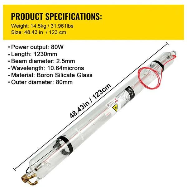 80W 1230mm CO2-laserrör, TEMOO-läge, speciell beläggningsteknik, lång livslängd, bred applikation