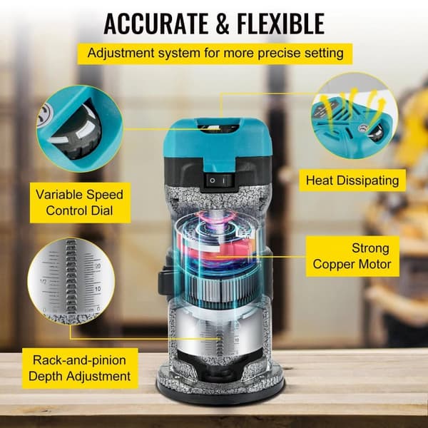 Kit 8, 710W 10000-30000RPM Elektrisk trimmer för träbearbetning med tillbehör, noggrann och flexibel, ergonomisk design, bred applikation