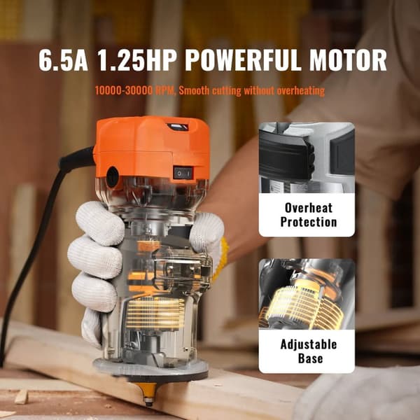 2-i-1 800W/1,25HP 10000-30000RPM elektrisk träbearbetningsfräs med kompletta tillbehör, 6 hastigheter, exakt kontroll, hög stabilitet