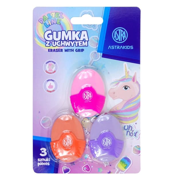 Ovalt suddgummi med handtag 3 st Unicorn Pastel Line Astra