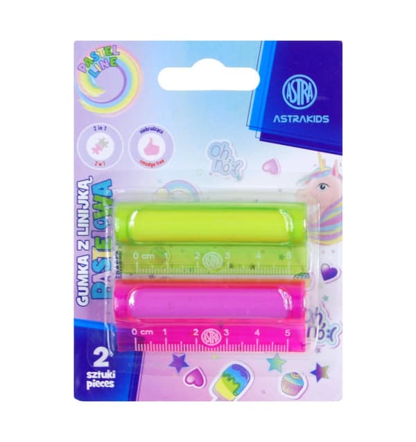 Viskelæder med lineal 5cm 2stk blister Pastel Line Astra