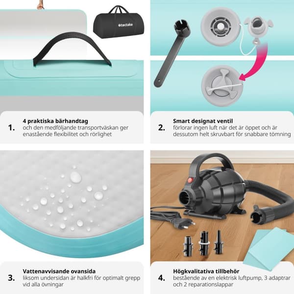 Uppblåsbar träningsmatta AirFlexy med elektrisk luftpump - grå/blå