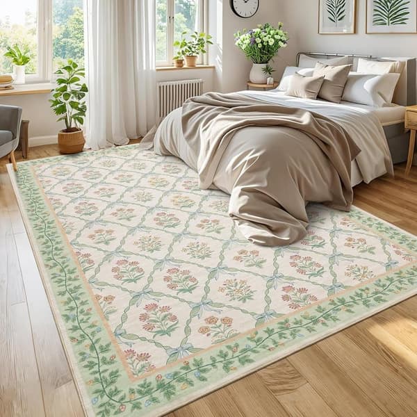 Bomclap Stue Tæppe 126x230cm Tæppe til Stue Soveværelse Børneværelse – Vaskbart og skridsikkert blomstertæppe