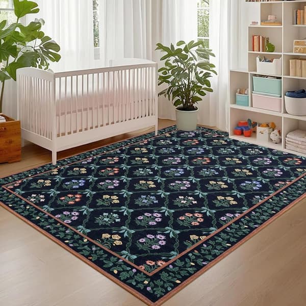 Bomclap Stue Tæppe 126x230cm Tæppe til Stue Soveværelse Børneværelse – Vaskbart og skridsikkert blomstertæppe