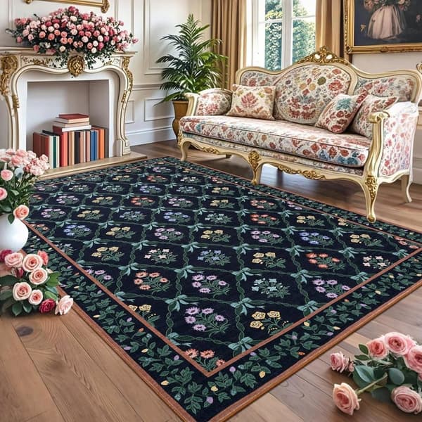 Bomclap Stue Tæppe 126x230cm Tæppe til Stue Soveværelse Børneværelse – Vaskbart og skridsikkert blomstertæppe