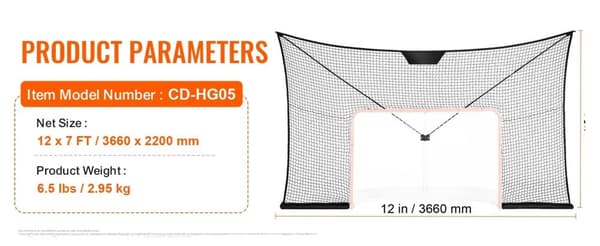 Hockeymål Bagstop Net, 12x7 FT, Let at Samle,12x7 ft in Danish is "12x7 fod".