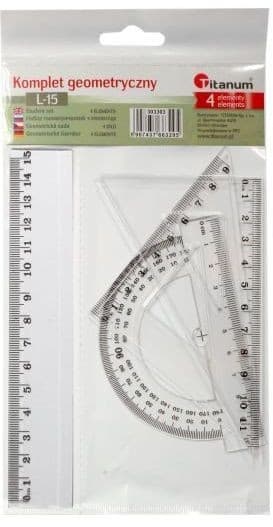 Sæt med 4 stykker lineal, vinkelmåler, 2x sæt firkantet 15 cm Titanum