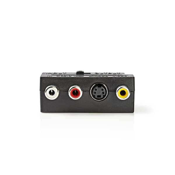 Nedis SCART-adapter | SCART Hane | S-Video Female / 3x RCA Hona | Nickelplaterad | Omkopplingsbar | ABS | Svart | 1 st. | Kuvert