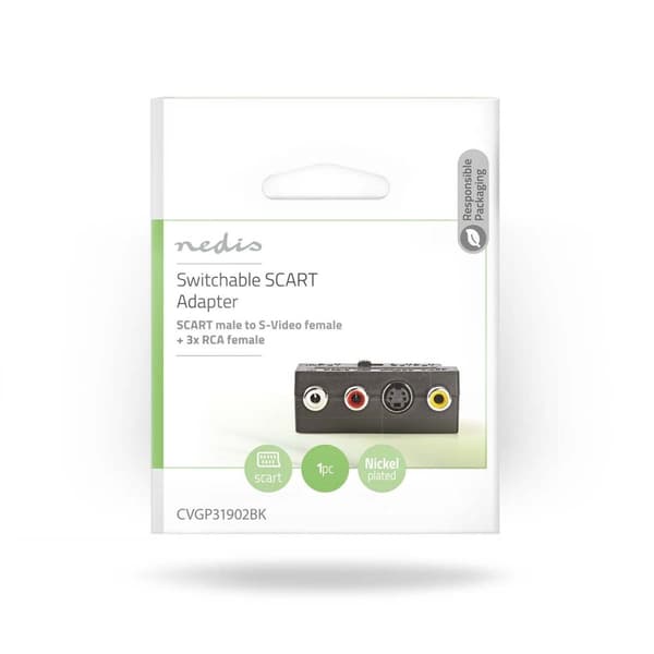 Nedis SCART-adapter | SCART Hane | S-Video Female / 3x RCA Hona | Nickelplaterad | Omkopplingsbar | ABS | Svart | 1 st. | Kuvert