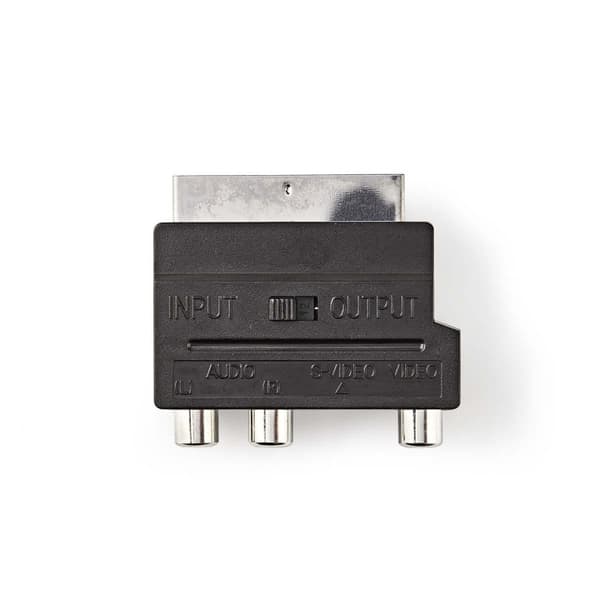Nedis SCART-adapter | SCART Hane | S-Video Female / 3x RCA Hona | Nickelplaterad | Omkopplingsbar | ABS | Svart | 1 st. | Kuvert