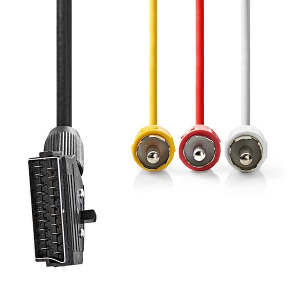 Nedis SCART-kabel | SCART Han | 3x RCA Han | Nikkelplateret | Omskiftelig | 480p | 2.00 m | Runde | PVC | Sort | Label