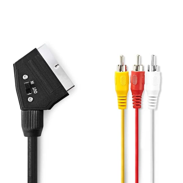 Nedis SCART-kabel | SCART Han | 3x RCA Han | Nikkelplateret | Omskiftelig | 480p | 2.00 m | Runde | PVC | Sort | Label