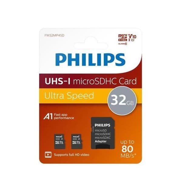 Philips Duo Pack Micro SDHC Class 10 UHS-I U1 32 GB-kort med adapter - 4895229129320
