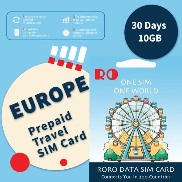 RORO Travel SIM Card (DATA ONLY) With Europe 31 Countries Data Package 30 Days 10GB