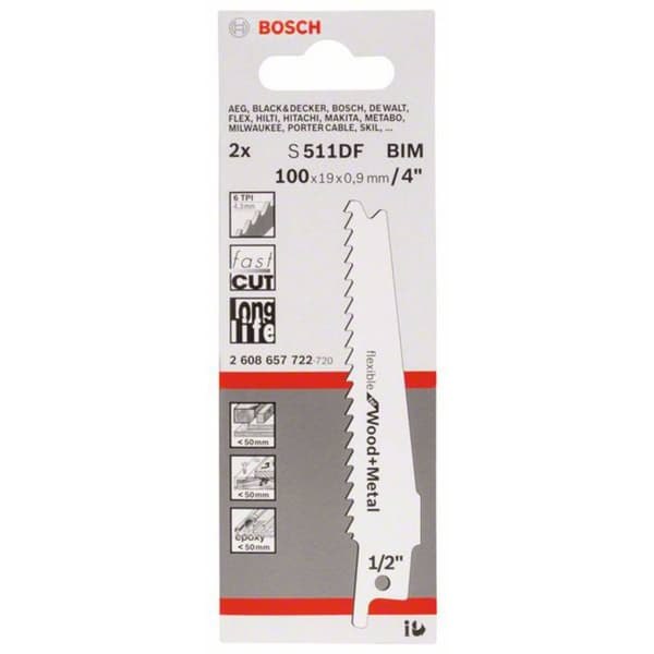 Bosch Accessories 2608657722 Tigersågblad S 511 DF, 100 x 19 x 0,9 mm, 2-pack Sågblad, längd 100 mm 2 st