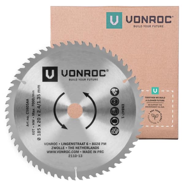 VONROC Savsklinge - 185x20mm | 60 Tænder | Universel | Velegnet til laminat