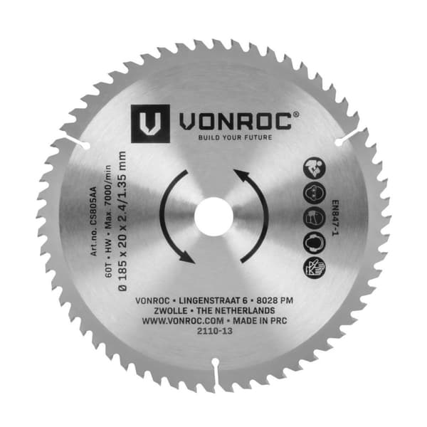 VONROC Savsklinge - 185x20mm | 60 Tænder | Universel | Velegnet til laminat