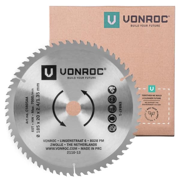 VONROC Cirkelsågblad 185 x 20mm – 60T - lämplig för laminat | Universal