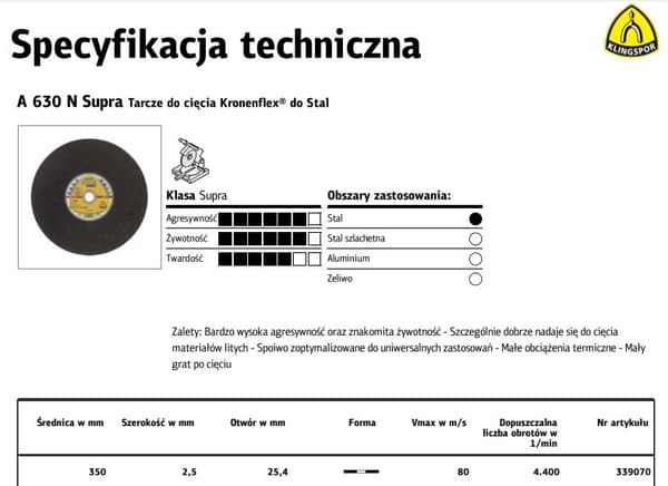 KLINGSPOR METAL SKÆRESKIVE 350 mm x 2,5 mm x 25,4 mm A630N Supra