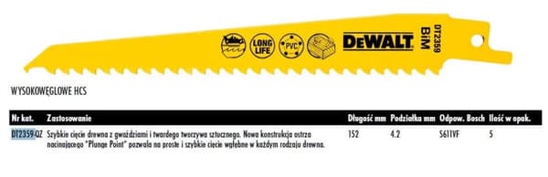 DEWALT BAGERSÅGBLAD 152x4,2mm S611VF TRÄ MED SPIK, PVC / 5 st.