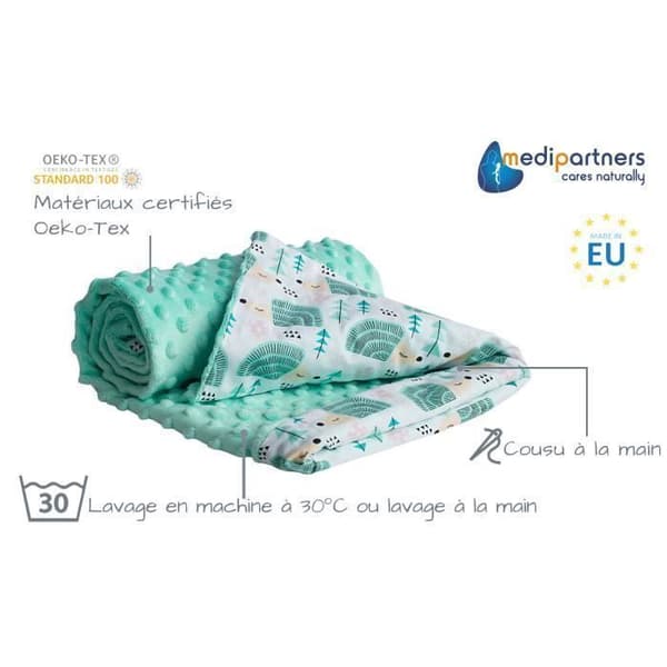 Medi Partners 100 % bomull babyfilt 75x100cm Dubbelsidig för barnvagn (Mint Hedgehog och Minky Minky)