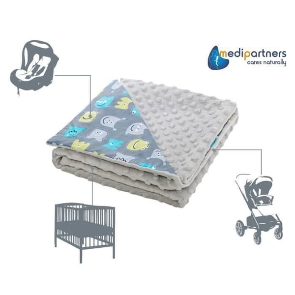 Medi Partners 100 % bomull babyfilt 75x100 cm dubbelsidig för barnvagn (varelser och minky grå)