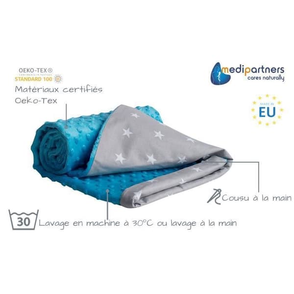 Medi Partners 100 % bomull Dubbelsidig babyfilt 75x100 cm för barnvagn (vita stjärnor och minky turkos)