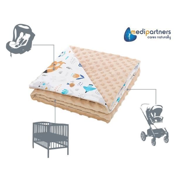 Medi Partners 100 % bomull Dubbelsidig babyfilt 75x100 cm för barnvagn (Boho Animals och Minky Beige)