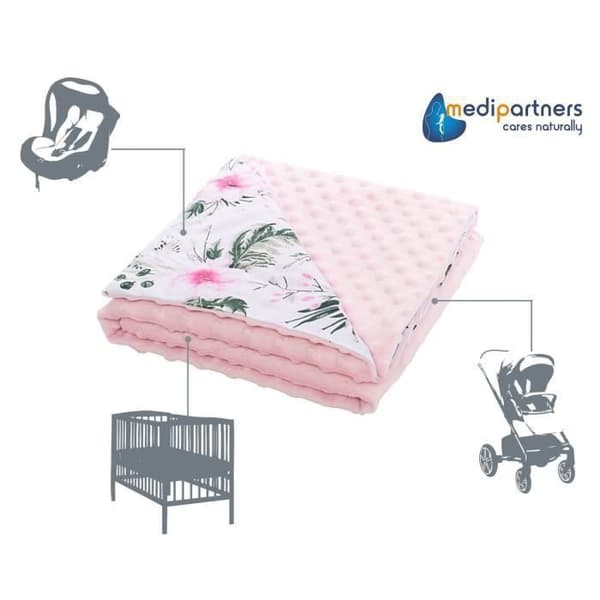 Medi Partners 100 % bomull Dubbelsidig babyfilt 75x100 cm för barnvagn (ljusrosa blomma med ljusrosa minky)