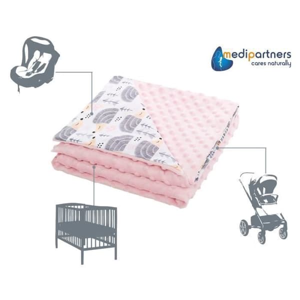 Medi Partners 100 % bomull babyfilt 75x100cm Dubbelsidig för barnvagn (grå igelkottar och ljusrosa minky)