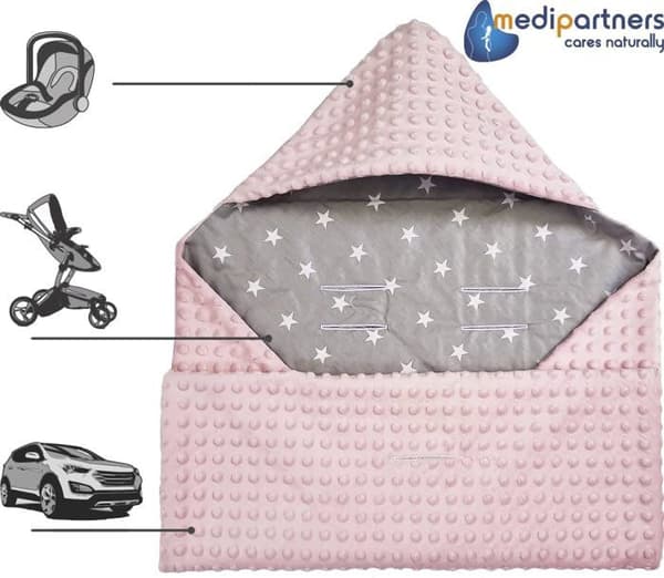 Medi Partners Bilstolsöverdrag 100 % bomull 85x85cm Mysigt överdrag för barnvagn (White Stars and Pink Minky)