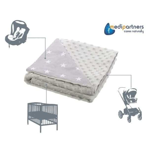 Medi Partners 100 % bomull babyfilt 75x100 cm dubbelsidig för barnvagn (vita stjärnor och grå minky)