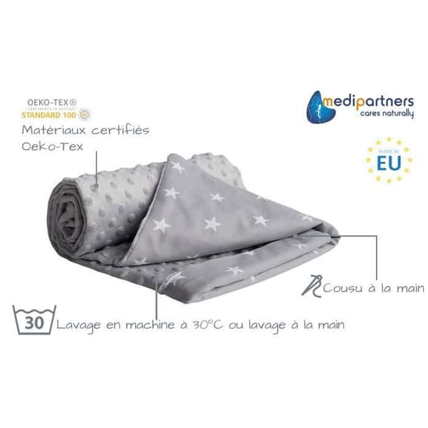 Medi Partners 100 % bomull babyfilt 75x100 cm dubbelsidig för barnvagn (vita stjärnor och grå minky)