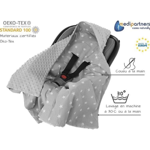 Medi Partners Bilstolsfilt 100% Bomull 85x85cm Mysig Barnvagnsfilt (White Stars and Minky Grey