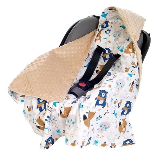 Medi Partners Bilstolsfilt 100 % bomull 85x85cm Mysig barnvagnsfilt (Boho Animals och Minky Beige)