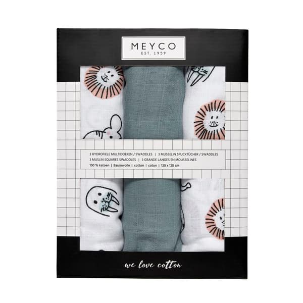 Meyco Baby Animal spjälsäng - paket om 3 - hydrophil - flerfärgad - 120x120cm
