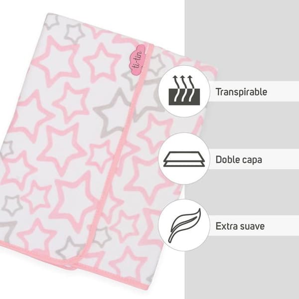 TI-TIN | Dubbelsidig Babyfilt i Mjuk och Absorberande 100% Bomull | Tryck av Stjärnor i Rosafarben | 80x80