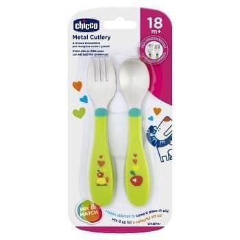 Bestickset - Chicco - My First Green Stainless Steel Tip Bestick - Ergonomiskt och roligt - För spädbarn över 18m