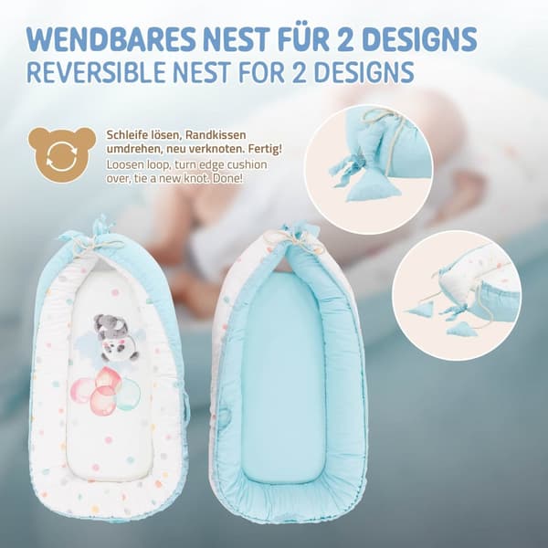 Joyz Babynest; Panda Lyseblå; 90x50cm; Bomuld; tosidet; antiallergisk; bærbar; Multifunktionelt Babynest; Kokon til babyer og spædbørn; Baby Nest