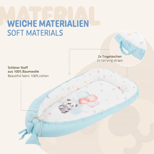 Joyz Babynest; Panda Lyseblå; 90x50cm; Bomuld; tosidet; antiallergisk; bærbar; Multifunktionelt Babynest; Kokon til babyer og spædbørn; Baby Nest
