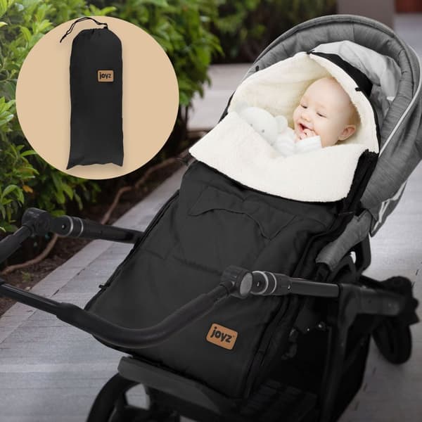 Joyz Babyfußsack; Svart; Universal Fotpåse för Babyskydd; Barnvagn & Buggy; Sittunderlag i Fleece; Kramvänlig påse med dragkedja; Huvudstöd & Ficka;
