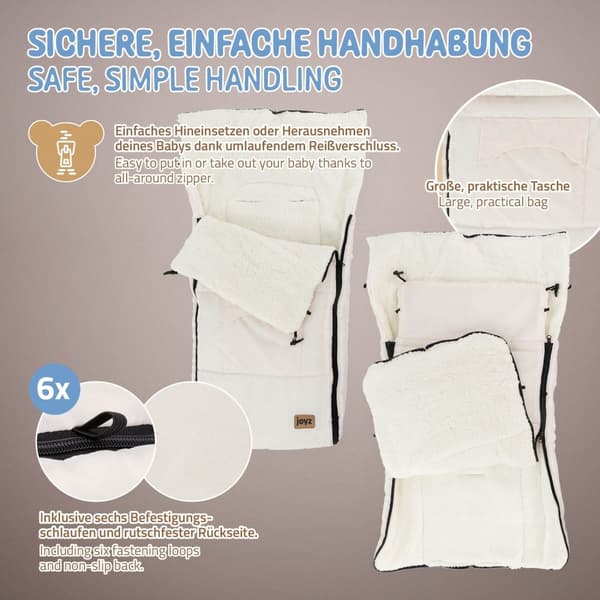 Joyz Babyfußsack; Creme; Universal Fußsack til autostol; barnevogn og klapvogn; Sædeunderlag i fleece; Hyggesæk med lynlås; Hovedstykke og lomme;