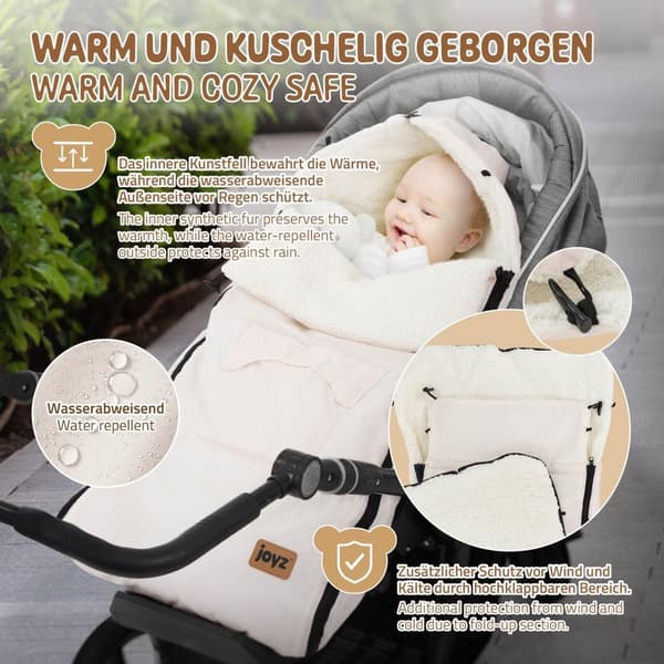 Joyz Babyfußsack; Creme; Universal Fußsack til autostol; barnevogn og klapvogn; Sædeunderlag i fleece; Hyggesæk med lynlås; Hovedstykke og lomme;