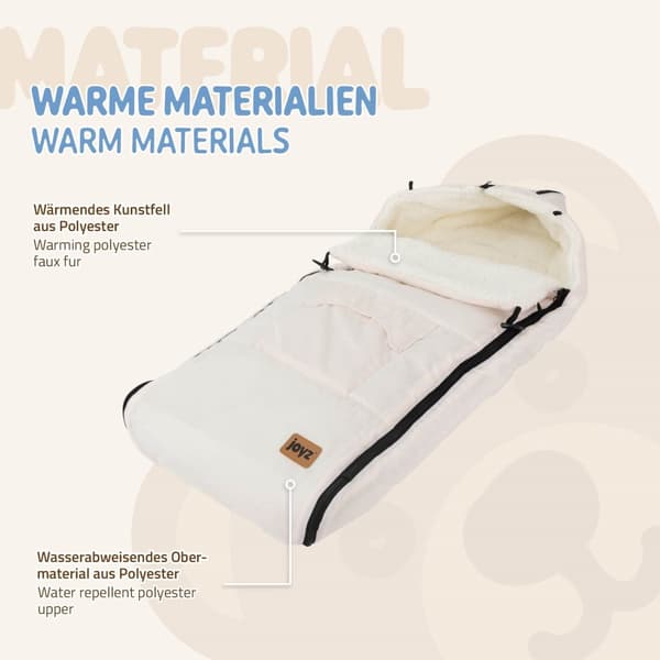 Joyz Babyfußsack; Creme; Universal Fußsack til autostol; barnevogn og klapvogn; Sædeunderlag i fleece; Hyggesæk med lynlås; Hovedstykke og lomme;