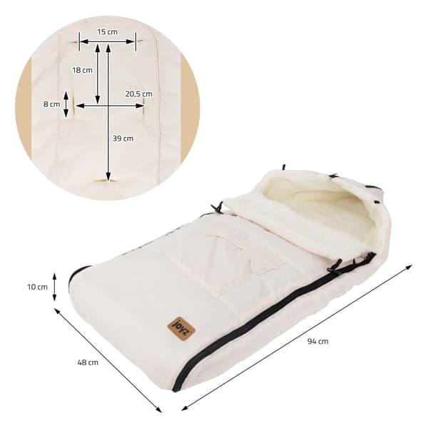 Joyz Babyfußsack; Creme; Universal Fußsack til autostol; barnevogn og klapvogn; Sædeunderlag i fleece; Hyggesæk med lynlås; Hovedstykke og lomme;
