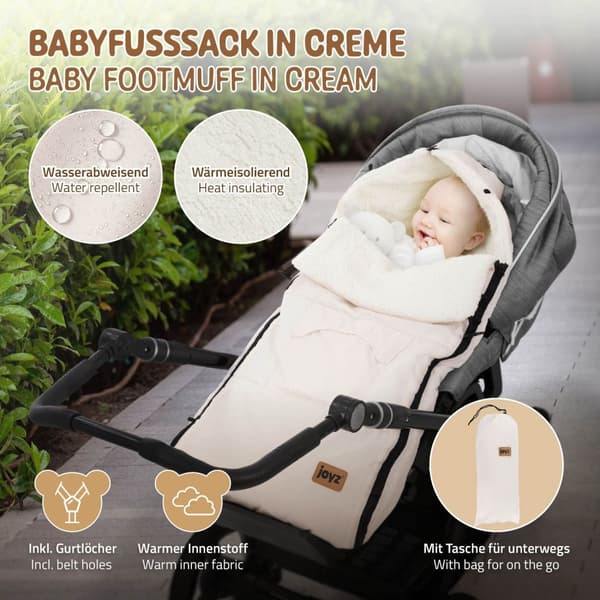 Joyz Babyfußsack; Creme; Universal Fußsack til autostol; barnevogn og klapvogn; Sædeunderlag i fleece; Hyggesæk med lynlås; Hovedstykke og lomme;