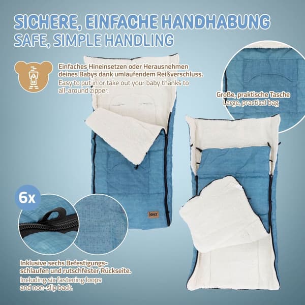 Joyz Babyfußsack; Jeans Blå; Universal Fodpose til Babysæde; Barnevogn & Klapvogn; Fleece Sædehynde; Hyggepose med Lynlås; Hovedstykke & Lomme;