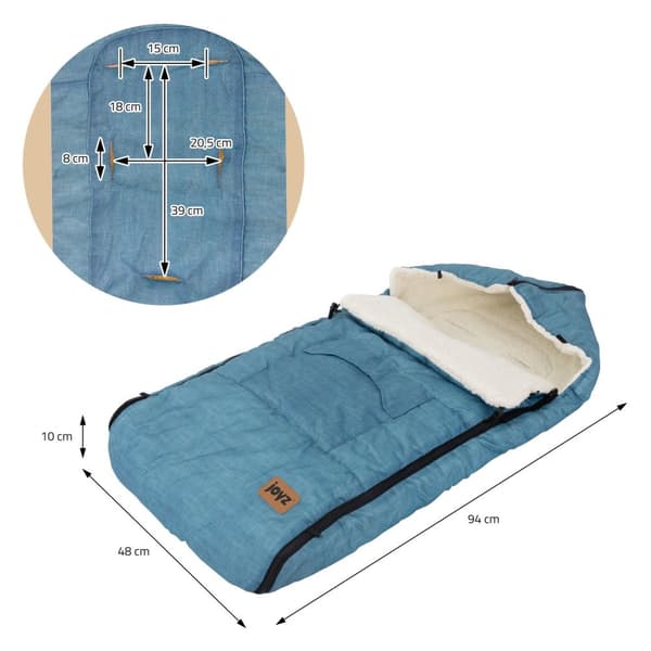Joyz Babyfußsack; Jeans Blå; Universal Fodpose til Babysæde; Barnevogn & Klapvogn; Fleece Sædehynde; Hyggepose med Lynlås; Hovedstykke & Lomme;