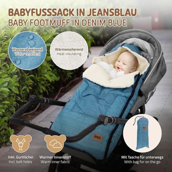 Joyz Babyfußsack; Jeans Blå; Universal Fodpose til Babysæde; Barnevogn & Klapvogn; Fleece Sædehynde; Hyggepose med Lynlås; Hovedstykke & Lomme;